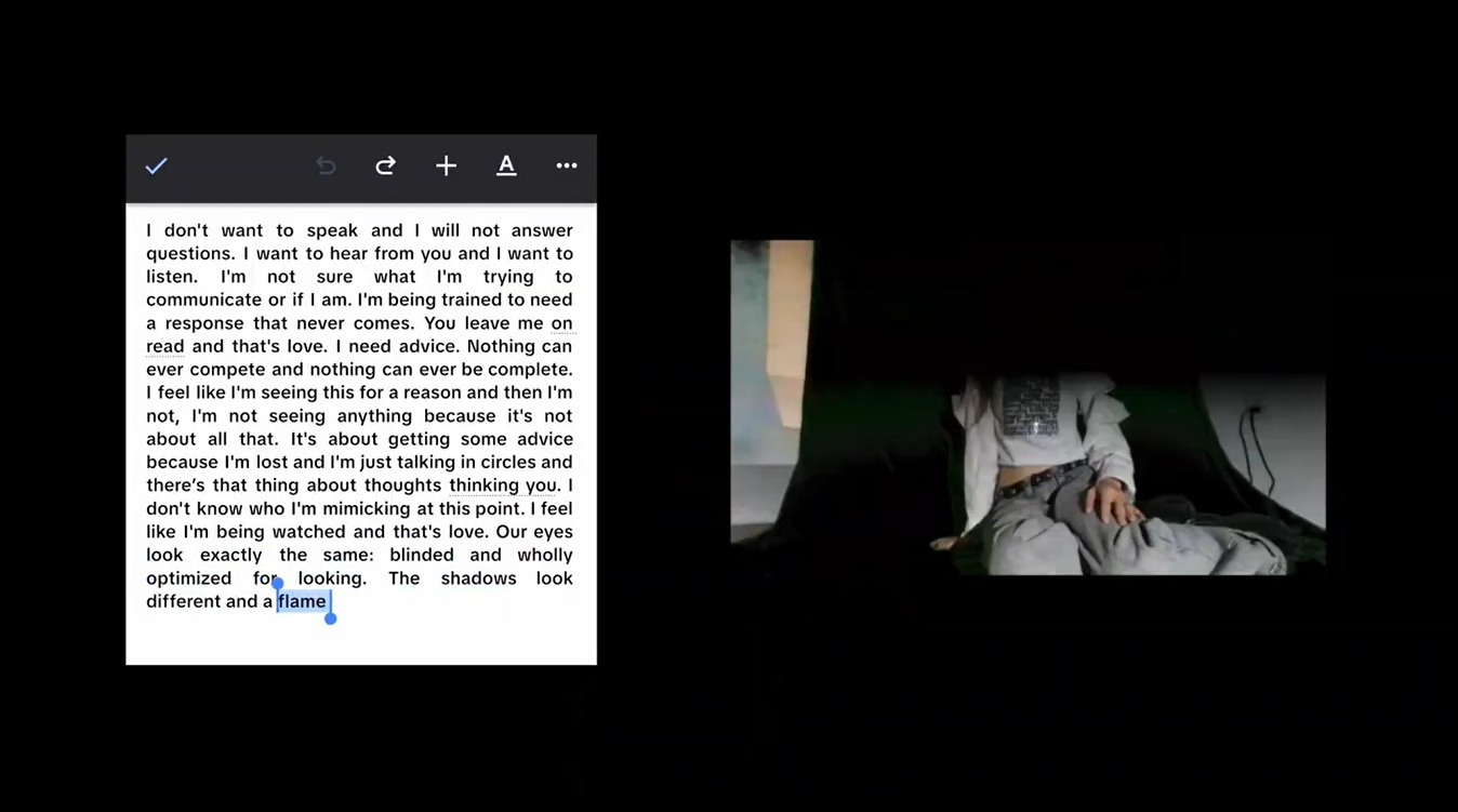 Screencap 2: split screen Google Doc + figure in front of greenscreen, half blurred by black dissolve